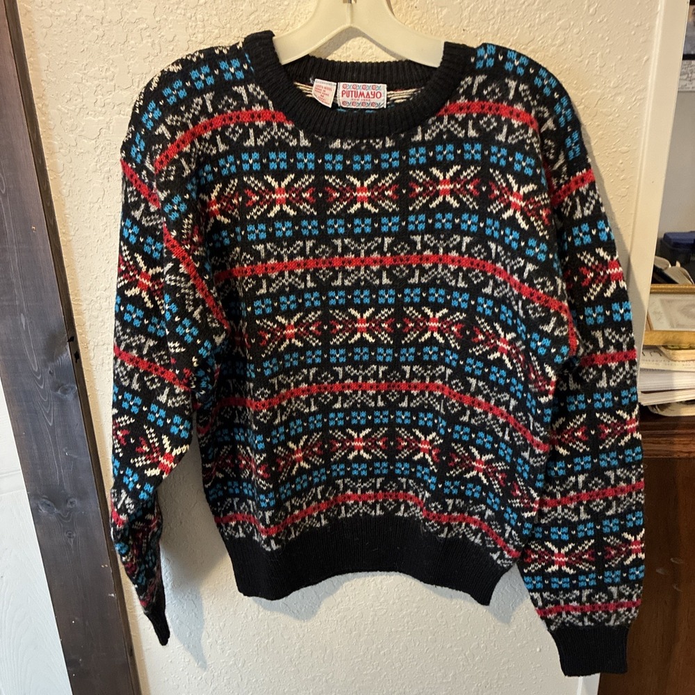 Vtg PUTUMAYO New York M Unisex Wool Cosby Knit Sweater Geometric 100% Wool